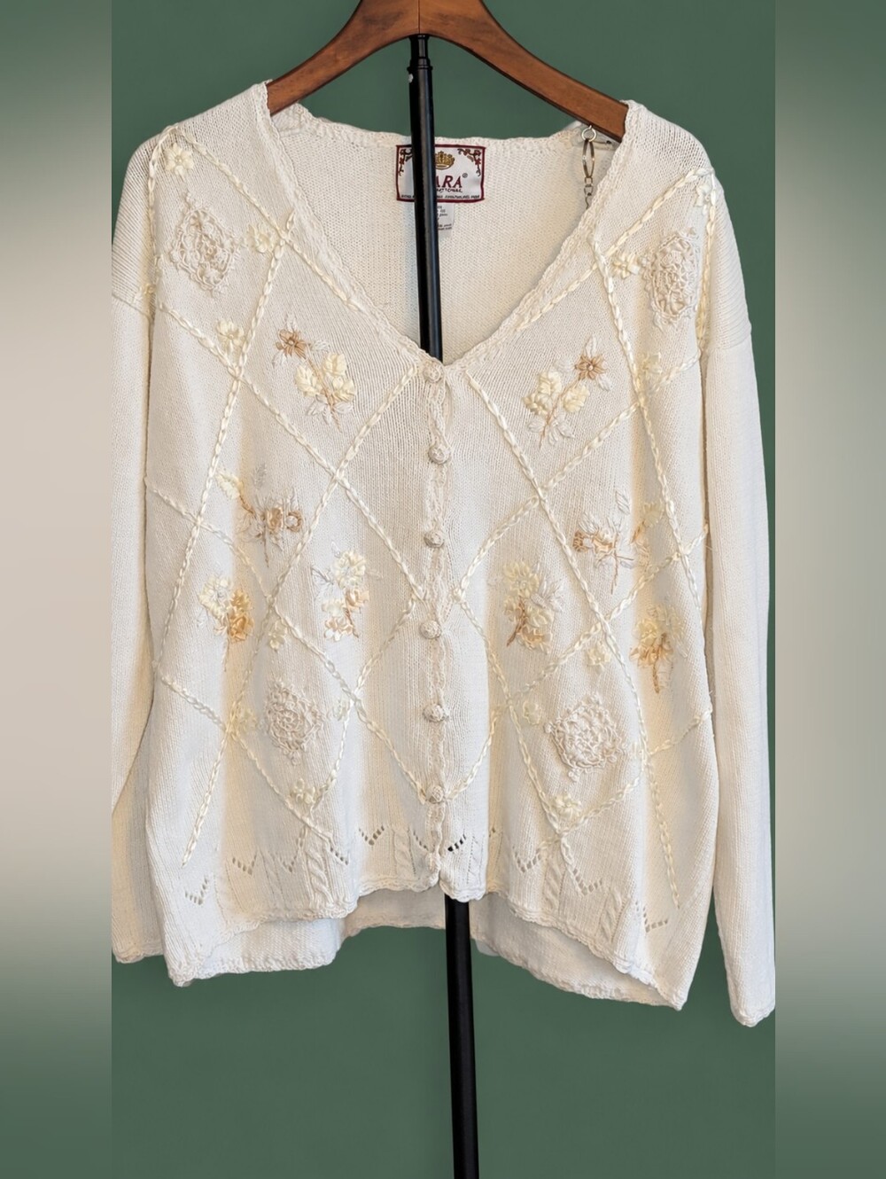 Vintage Tiara Ivory Embroidered Floral Knit Cardigan L